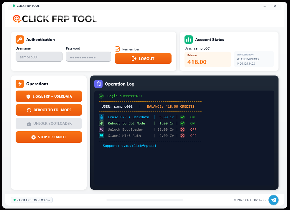 Click FRP Tool V3.0.11 authenticated interface