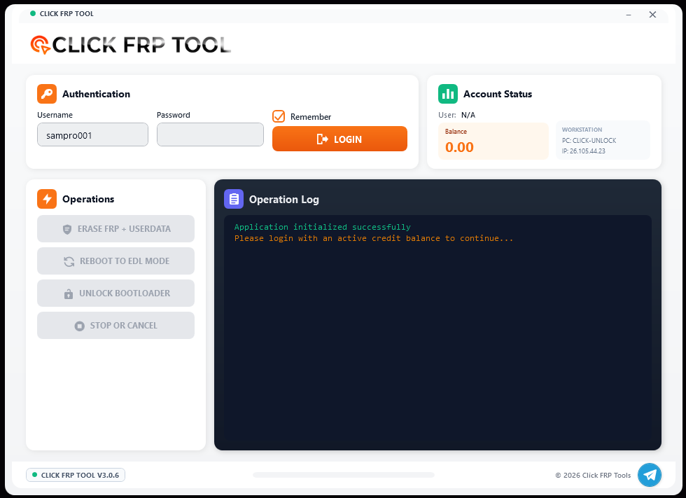 Click FRP Tool V3.0.11 login interface